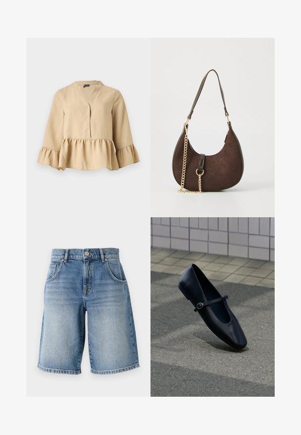 Blouse beige à manches longues avec col en V, trois boutons sur le devant, et ourlet et poignets à volants sur fond uni.; Shorts en denim bleu clair avec une coupe droite, cinq poches et quincaillerie en bronze. Présente un ourlet effiloché et une texture délavée.; Chaussure plate Mary Jane en cuir noir avec une petite bride à boucle, posée sur une surface en asphalte gris près d'un mur carrelé.; Sac en suède marron à la forme courbée, avec une sangle en chaîne dorée et une finition en cuir noir. Idéal pour une utilisation décontractée.