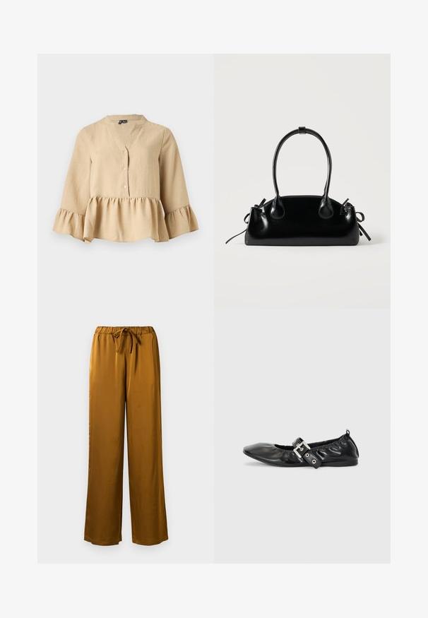 Beige bluse med lange ærmer, V-hals, tre knapper foran og flæsekant og manchetter på ensfarvet baggrund.; Brune satin brede bukser med elastisk talje og snoretræk. Glat tekstur og hel-længde design med en afslappet pasform.; Sorte læder flade sko med spids tå, samling detaljer omkring åbningen, og en sølv spænde accent på den justerbare rem.; Lille sort blank håndtaske med to lange håndtag og snøre-detaljer i siden på en ensfarvet lys baggrund.