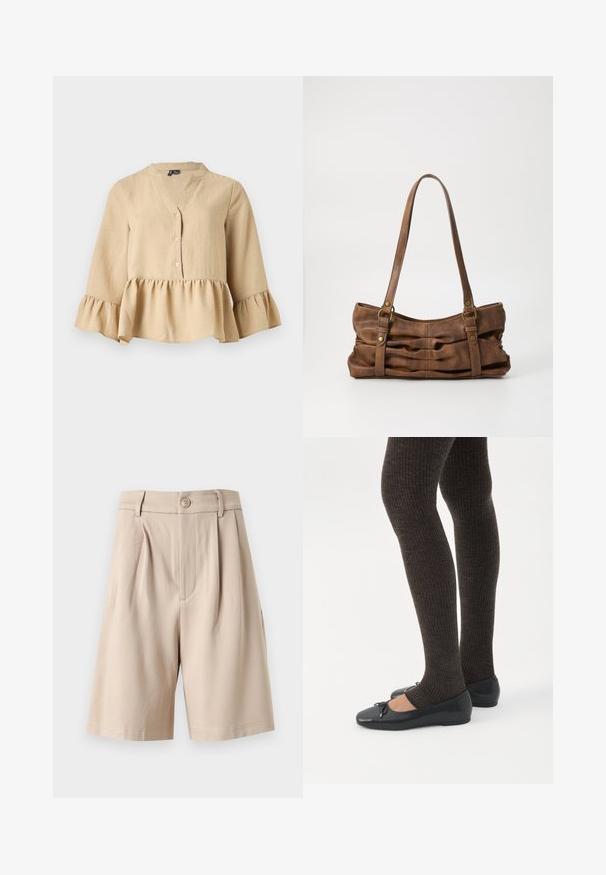 Blouse beige à manches longues avec col en V, trois boutons sur le devant, et ourlet et poignets à volants sur fond uni.; Shorts beige taille haute cintrés avec plis, passants pour ceinture, fermeture avant par bouton et ourlet à hauteur des genoux sur fond blanc.; Jambes portant des leggings côtelés foncés associés à des ballerines noires avec de petits détails en nœud sur fond blanc.; Even&Odd Sac à main - brown