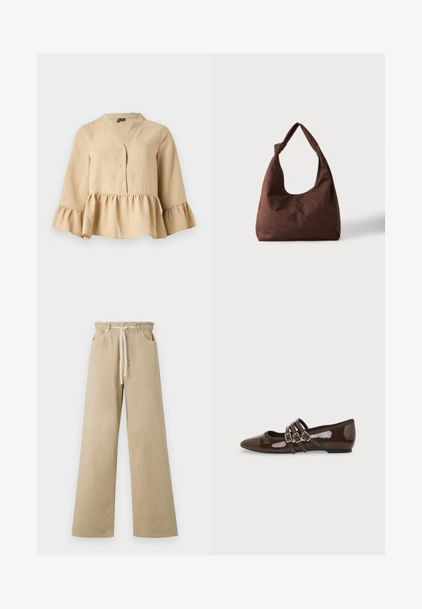 Beige bluse med lange ærmer, V-hals, tre knapper foran og flæsekant og manchetter på ensfarvet baggrund.; Beige viddebenede bukser lavet af bomuld med elastisk talje og snøre. Har to sidelommer og en glat tekstur.; Brun laklæder flad sko med spids tå og tre justerbare spænder på siden, vist fra ydersiden.; Brun tekstureret stofhåndtaske med et enkelt håndtag bundet i en knude, vist mod en ensfarvet lys baggrund.