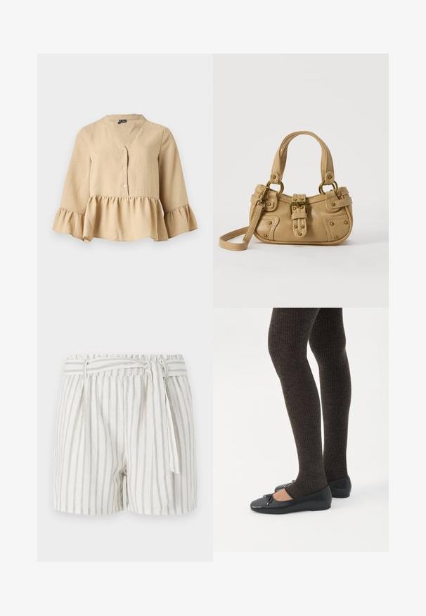 Blouse beige à manches longues avec col en V, trois boutons sur le devant, et ourlet et poignets à volants sur fond uni.; Shorts blancs à rayures avec des rayures grises, taille élastique et détail de nœud à l'avant. Tissu léger avec une coupe décontractée.; Jambes portant des leggings côtelés foncés associés à des ballerines noires avec de petits détails en nœud sur fond blanc.; Sac à main en cuir beige avec double poignées, boucle en laiton et détails rivetés, ainsi qu'une bandoulière réglable sur fond blanc.