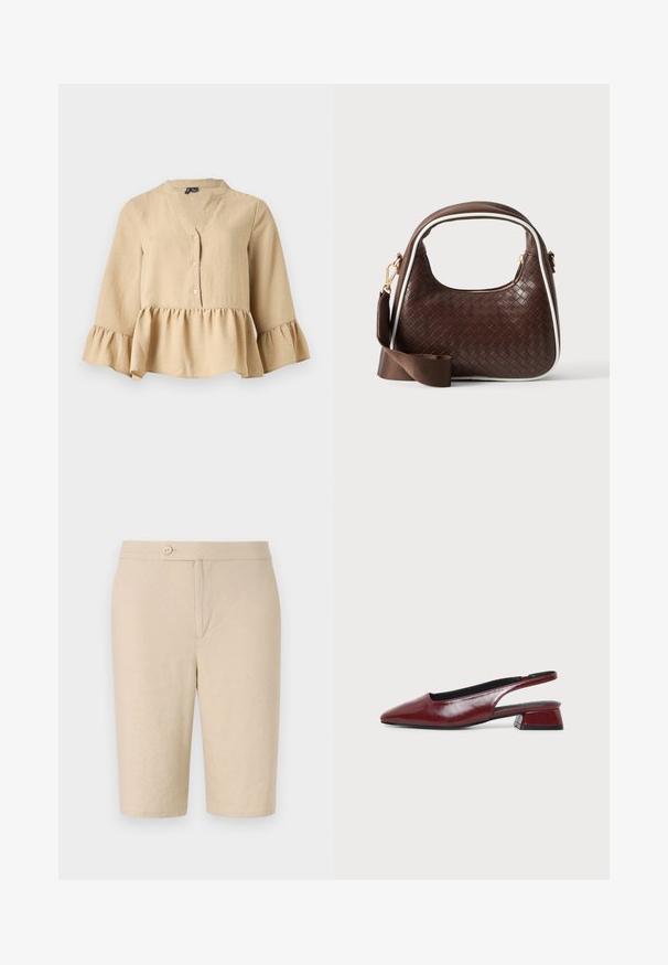 Beige blouse met lange mouwen, een V-hals, drie knopen aan de voorkant en een gerimpelde zoom en manchetten op een effen achtergrond.; Beige linnen shorts met een sluiting aan de voorkant met knoop, twee zijzakken en een rechte snit, voorzien van een gladde textuur en een eenvoudig ontwerp.; Maroon leren slingback schoen met puntige neus en lage blokhak, zijaanzicht op een effen lichte achtergrond.; Bruine geweven leren handtas met witte bies, gouden ritssluiting en afneembare bruine stoffen schouderriem.