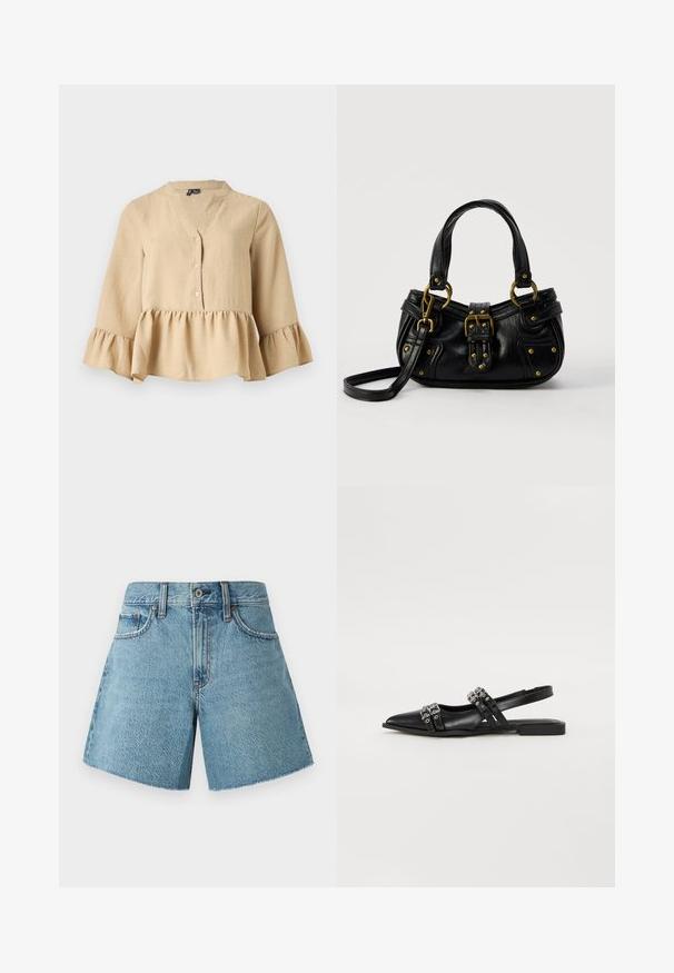Beige Langarmbluse mit V-Ausschnitt, drei Knöpfen vorne und Rüschen an Saum und Manschetten auf einfarbigem Hintergrund.; Jeansshorts in hellblau, mit hohem Bund, fünf Taschen und rohem Saum. Hergestellt aus strukturiertem Baumwollstoff mit klassischem Design.; Even&Odd Sling-Ballerina - black; Schwarze Lederhandtasche mit goldener Schnalle und Nieten, kurzen Griffen und einem verstellbaren Schultergurt vor einem schlichten weißen Hintergrund.