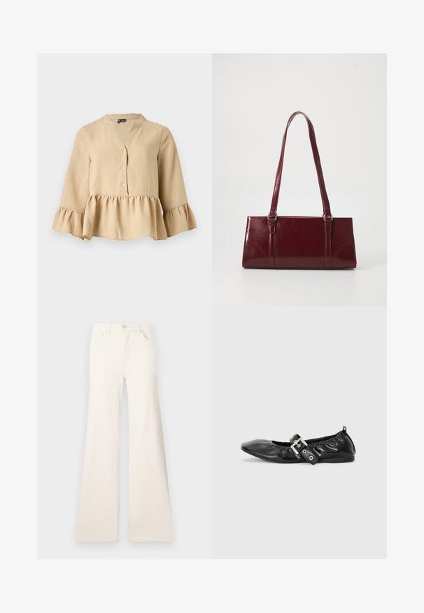 Blouse beige à manches longues avec col en V, trois boutons sur le devant, et ourlet et poignets à volants sur fond uni.; ONLY Wide-fit ONLMADISON High waist Wide Leg Fit - Wide Leg - ecru; Chaussure plate en cuir noir avec un nez pointu, des détails froncés autour de l'ouverture et un accent en boucle argentée sur la bride ajustable.; Sac à main bordeaux en matériau brillant, de forme rectangulaire, avec deux anses et des accents légèrement courbés à l'avant.