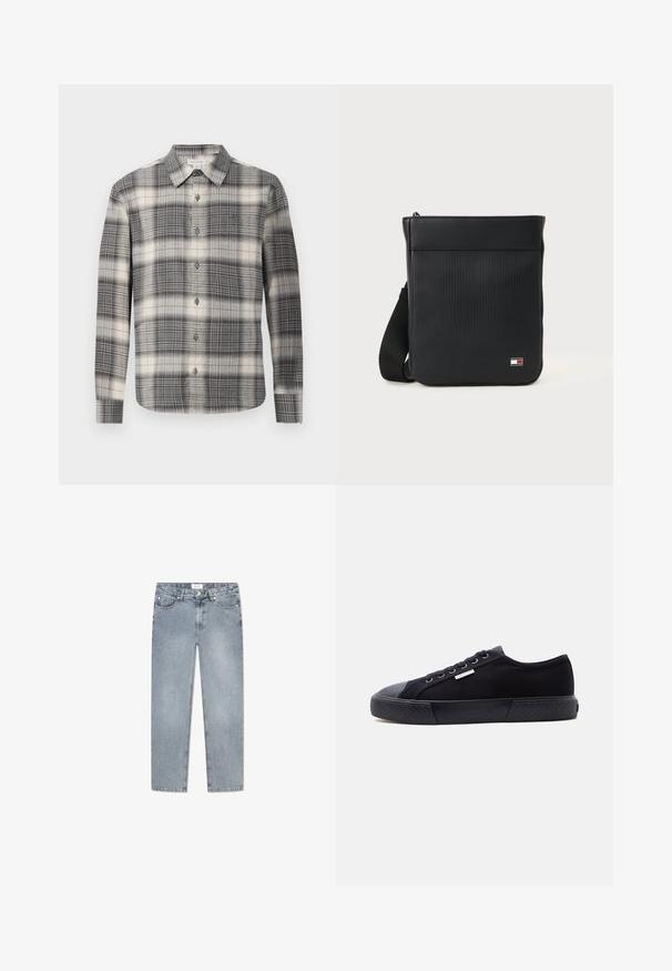 Langärmliges kariertes Hemd in Schwarz und Creme. Mit durchgehender Knopfleiste, klassischem Kragen und variierendem Karomuster. Weiche Stoffbeschaffenheit.; Hellblaue Jeans aus Denim mit geradem Schnitt, Fünf-Taschen-Design, Knopfverschluss, dezentem Verblassen und gestickten Details entlang der Taschen.; Schwarzer Low-Top-Leinenschuh mit Gummisohle, vorderer Schnürung und kleinem metallischem Calvin Klein-Logo an der Seite.; Schwarze synthetische Umhängetasche mit einem strukturierten Rippendesign, rechteckiger Form, verstellbarem Riemen und einem markierten Logo detail auf der Vorderseite.