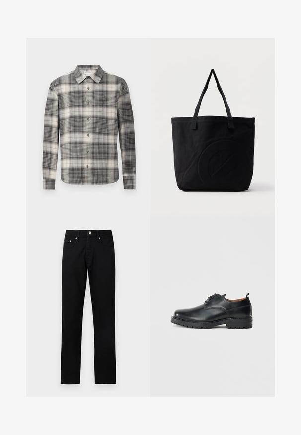 Langärmliges kariertes Hemd in Schwarz und Creme. Mit durchgehender Knopfleiste, klassischem Kragen und variierendem Karomuster. Weiche Stoffbeschaffenheit.; Schwarze Jeans mit geradem Bein, vorderer Knopfleiste, Reißverschluss, Gürtelschlaufen und fünf Taschen auf hellgrauem Hintergrund.; Schwarze Leder Derby-Schuhe mit glatter Textur, runder Zehenform, Schnürdesign und einer dicken, robusten Gummisohle.; Schwarze Canvas-Shopper-Tasche mit zwei Schulterriemen und einem dezenten, eingeprägten kreisförmigen Design auf der Vorderseite.