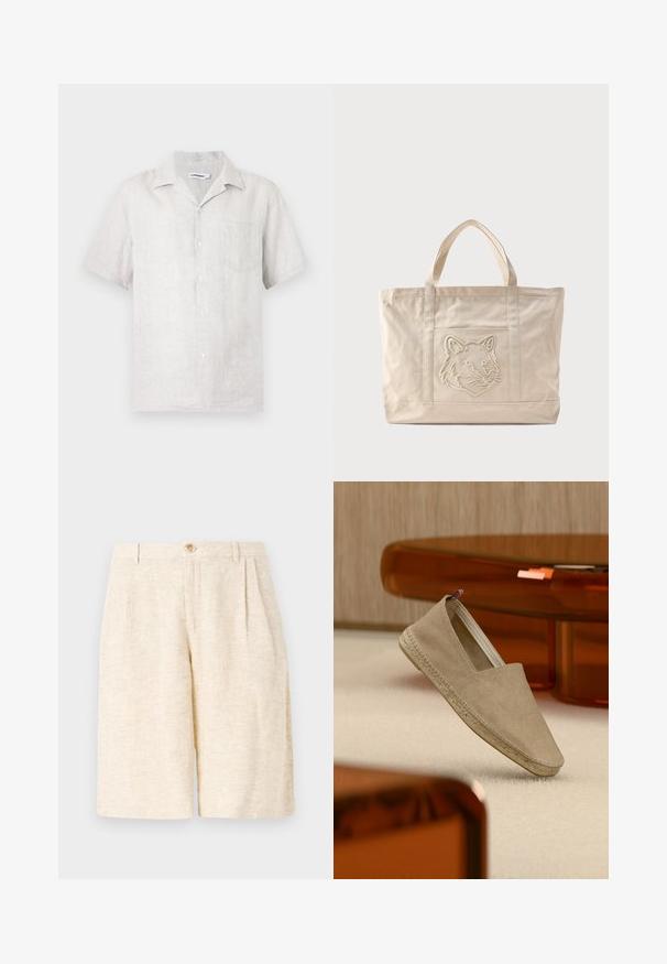 Camisa de manga corta con botones en lino beige claro con un bolsillo en el pecho izquierdo y cuello clásico.; Pantalones cortos beige ajustados, hechos de tela texturizada, con pliegues delanteros, cierre de botón y un diseño de pierna recta.; Alpargata de lona beige con suela tejida y pequeña lengüeta tricolor en el talón, situada sobre una alfombra clara con muebles de tono ámbar al fondo.; Bolsa tote de lona beige con asas dobles y un diseño en relieve de la cabeza de un lobo en el bolsillo frontal.