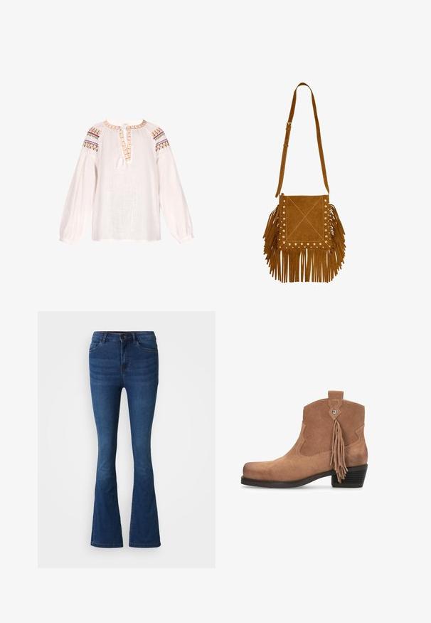 Hvid bluse lavet af et letvægts, struktureret stof. Har en rund halsudskæring, elastiske lange ærmer og farverige broderede detaljer på skuldrene.; Mørkeblå denim flare jeans med for- og baglommer, knap- og lynlåslukning samt slidte detaljer på lår og knæ.; Brun ruskindsankelstøvle med en kort blokhæle, scalloped kanter og en dekorativ kvastdetalje. Glat tekstur, rundet tådesign.; Brun ruskind skuldertaske med lange frynser på siderne og bunden, dekoreret med små metalnitter langs de forreste kanter.