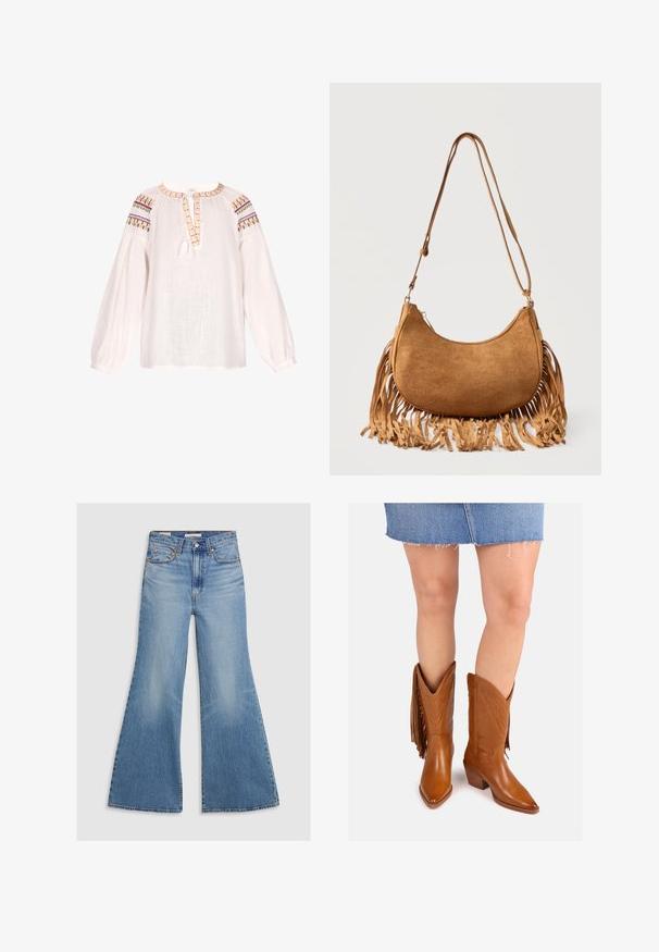 Hvid bluse lavet af et letvægts, struktureret stof. Har en rund halsudskæring, elastiske lange ærmer og farverige broderede detaljer på skuldrene.; Lysvasket denim flared jeans med høj talje, frontlommer og bronze hardware. Stoffet har en falmet tekstur med en glat finish.; Brune læder cowboystøvler med spidse tæer, dekorativ broderi og sidestropper, der har en stablet hæl for ekstra højde.; Brun ruskinds skuldertaske i halvmåneform med lang rem og frynser langs de nederste kanter mod en hvid baggrund.