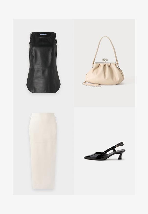 Top sin mangas de cuero negro con una textura suave, que presenta tachuelas metálicas en los hombros y un dobladillo redondeado.; Falda midi crema con una silueta ajustada, elaborada con un tejido suave, que presenta una cremallera oculta en el costado y un detalle minimalista en las costuras.; Zapato slingback de charol negro con tacón bajo, punta puntiaguda y correa ajustable con hebilla dorada sobre fondo blanco.; Bolso de mano de cuero suave beige con cierre de marco metálico plateado, una correa para el hombro y una correa de cadena opcional sobre un fondo blanco.