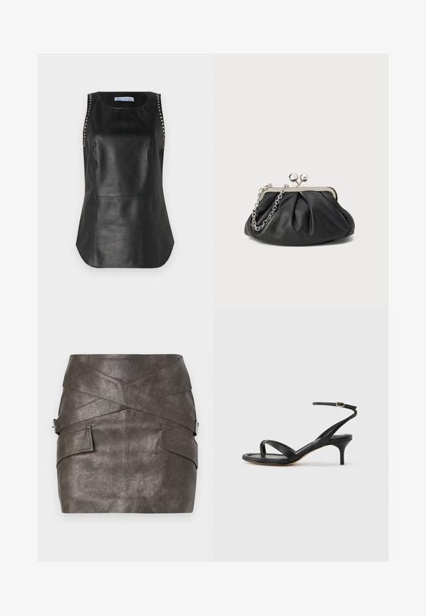 Schwarzes Leder-Oberteil ohne Ärmel mit glatter Textur, verziert mit Metallnieten entlang der Schultern und einem abgerundeten Saum.; Dunkelgrauer Kunstleder-Minirock mit asymmetrischem Design, das Überlappungsdetails und Seitentaschen mit metallischen Hardware-Akzenten bietet.; Schwarze Ledersandale für Damen mit dünnen Riemchen, einer Zehenlasche, einer Knöchelschnalle und einem mittelhohen Stöckelabsatz vor neutralem Hintergrund.; Schwarze Leder-Clutch mit geraffter Textur, silberfarbener Metallrahmen, Druckverschluss und Kettenriemen. Glatte, weiche Oberfläche.