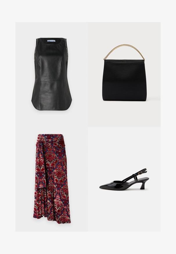 Top sans manches en cuir noir avec une texture lisse, agrémenté de clous en métal le long des épaules et d'un ourlet arrondi.; Rabanne Jupe longue - tapestry/navy/burgundy/red/cream; Chaussure slingback en cuir verni noir à petit talon, bout pointu et bride réglable avec boucle dorée sur fond blanc.; Sac noir en tissu lisse, présentant une forme structurée, une poignée en chaîne dorée et un design géométrique minimaliste.