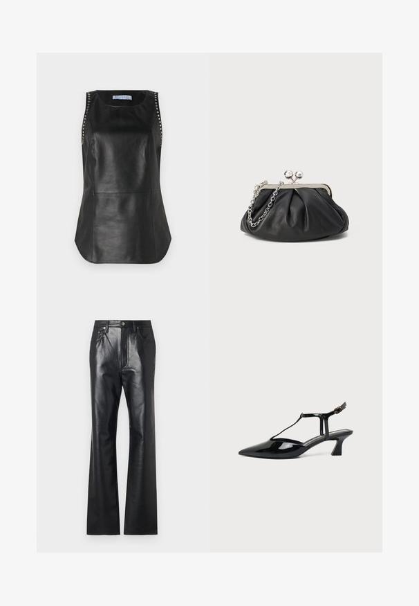 Schwarzes Leder-Oberteil ohne Ärmel mit glatter Textur, verziert mit Metallnieten entlang der Schultern und einem abgerundeten Saum.; Schwarze Lederhose mit glatter Textur, ausgestelltem Bein design, Frontreißverschluss und Gürtelschlaufen. Mit dezenten Steppnähten.; Schwarzer Slipper aus Lackleder mit spitz zulaufender Kappe, T-Riemen und niedrigem, schrägem Blockabsatz vor weißem Hintergrund.; Schwarze Leder-Clutch mit geraffter Textur, silberfarbener Metallrahmen, Druckverschluss und Kettenriemen. Glatte, weiche Oberfläche.