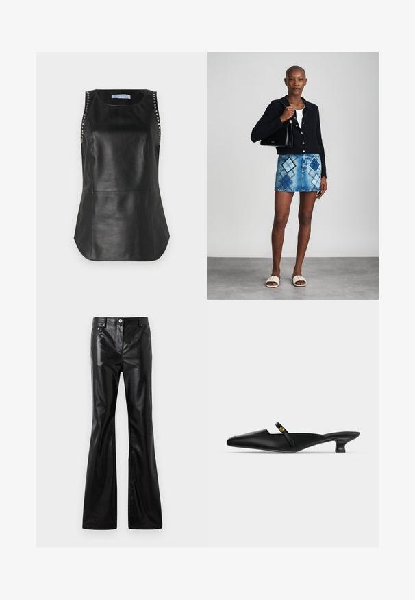 Top sans manches en cuir noir avec une texture lisse, agrémenté de clous en métal le long des épaules et d'un ourlet arrondi.; Rabanne Jean large - black; Mule noire à bout pointu avec petit talon kitten et fine bride sur le cou-de-pied ornée d’un petit bouton doré.; Un cardigan en maille noir, un haut blanc, une jupe en denim avec un motif de diamants bleus et noirs, un sac à main noir et des sandales à enfiler beiges.
