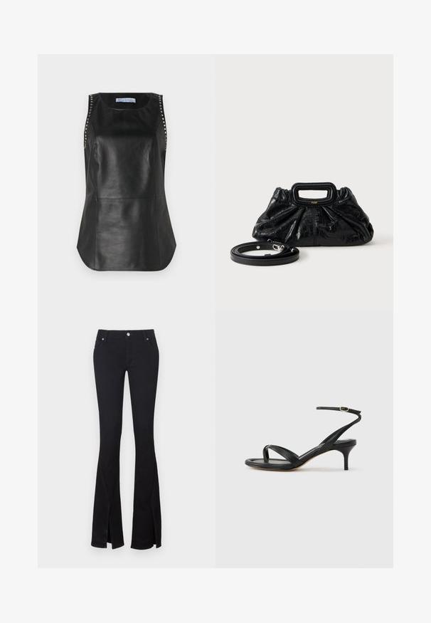 Sort læderærmeløs top med en glat tekstur, der har metalnitter langs skuldrene og en rund kant.; Sorte udrensede jeans lavet af blød denim, med slids ved anklerne, to frontlommer og metalknaplukning. Klassisk design med en ren finish.; Sort damesandal i læder med tynde remme, en tå-loop, ankelspænde og en mellemhøj stiletthæl på en neutral baggrund.; Lille sort læderhåndtaske med rynket tekstur, rektangulært håndtag og aftagelig tynd skulderrem placeret ved siden af.