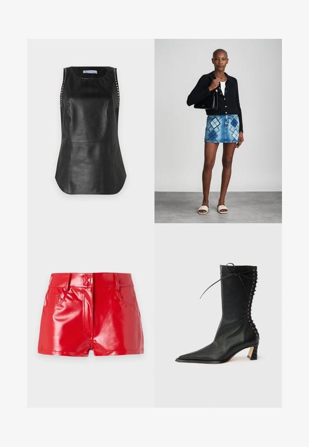 Schwarzes Leder-Oberteil ohne Ärmel mit glatter Textur, verziert mit Metallnieten entlang der Schultern und einem abgerundeten Saum.; Rote Kunstleder-Shorts mit glänzender Oberfläche, hoher Taille, Fronttaschen und gesteppten Details. Strukturiertes, tailliertes Design.; Schwarzer Leder-Stiefelette mit spitzer Zehenpartie, schlankem Absatz, Schnürdetail an der Rückseite und Metallösen. Glatte Textur mit elegantem Design.; Schwarze Strickjacke, weißes Oberteil, Jeansrock mit blauem und schwarzem Diamantenmuster, schwarze Handtasche und beige Rutschsandalen.