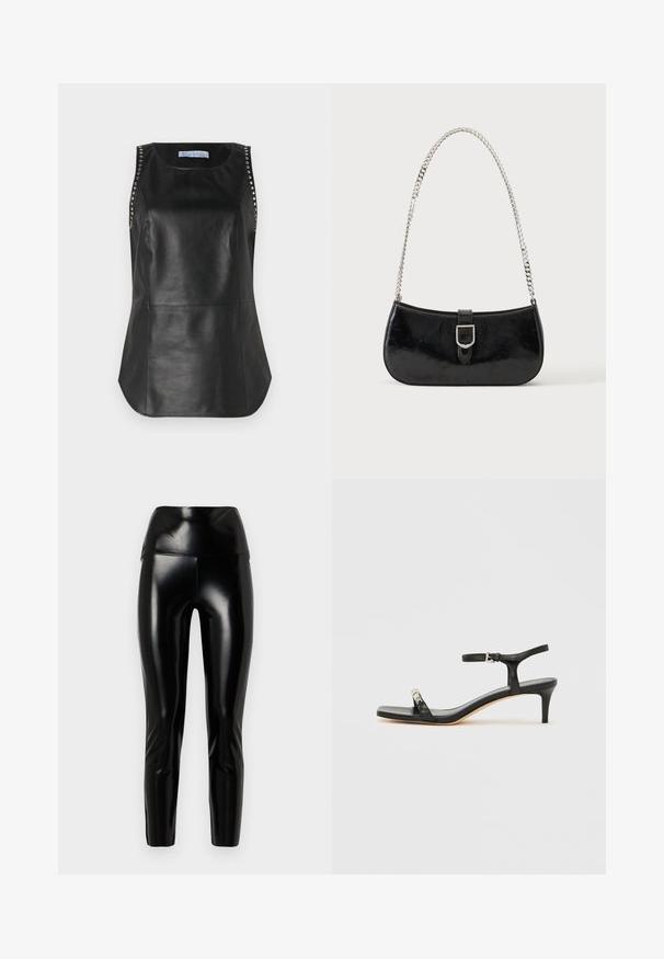 Sort læderærmeløs top med en glat tekstur, der har metalnitter langs skuldrene og en rund kant.; Sorte faux læder leggings med høj talje, glat tekstur, tætsiddende ben og en blank finish. Ingen synlige sømme eller udsmykninger.; Sort læder sandal med hæl og ankelrem, åben tå, firkantet front og sølvfarvede metalaccenter. Figurformet design med en slank profil.; Sort skuldertaske i laklæder med sølv spænde og sølv kæderem, vist mod en ensartet lys baggrund.