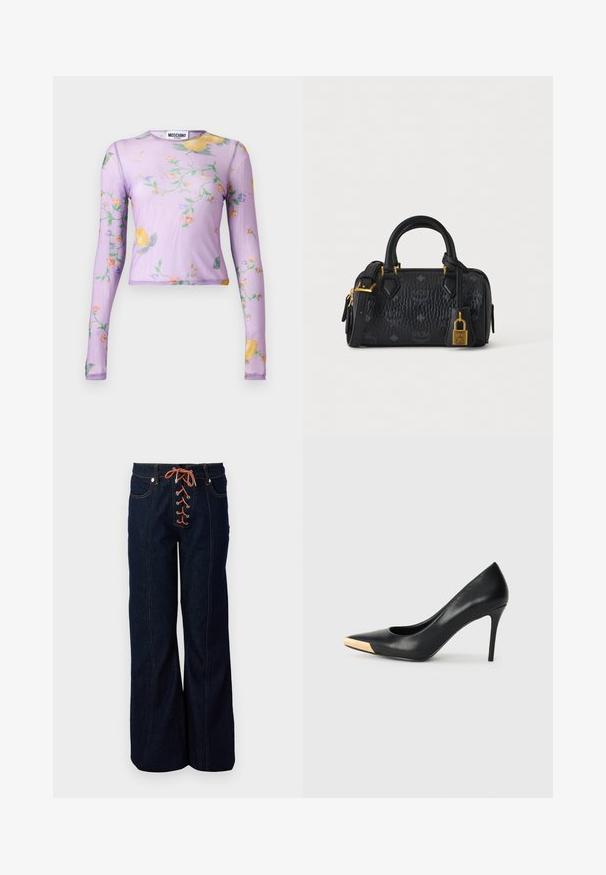 Top en mesh transparent à manches longues lavande avec imprimé floral multicolore et citron, col rond, et silhouette cintrée par Moschino Jeans.; Pantalons en denim bleu foncé taille haute avec une jambe évasée, dotés d'un devant décoratif en dentelle, de lacets orange et de coutures contrastées.; Pompe à talon haut en cuir noir avec bout pointu ; présente une accentuation métallique dorée sur le capuchon. Surface lisse avec un design épuré.; Sac à main en cuir noir texturé avec double poignée, fermeture dorée, bandoulière réglable et logos embossés subtils sur un fond uni.