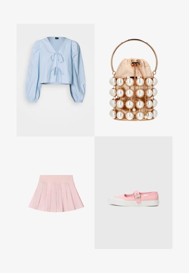 Svetlomodrá skrátená blúzka s výstrihom do V, šnurovaním a nariasenými rukávmi. Vyrobená z hladkej látky s elastickými manžetami.; Svetloružová plisovaná sukňa so širokým pásom, rozšírená smerom dole, zobrazená na bielom pozadí.; Ružová plátenná topánka s plochou podrážkou, obsahujúca remienok a pracku cez strednú časť chodidla. Biela gumová podrážka s čistým a jednoduchým dizajnom.; Béžové puzdro vo vnútornom ráme z ružovo zlatého kovu zdobené veľkými umeleckými perlami, s okrúhlou rukoväťou a zapínaním na retiazku so šnúrkou.