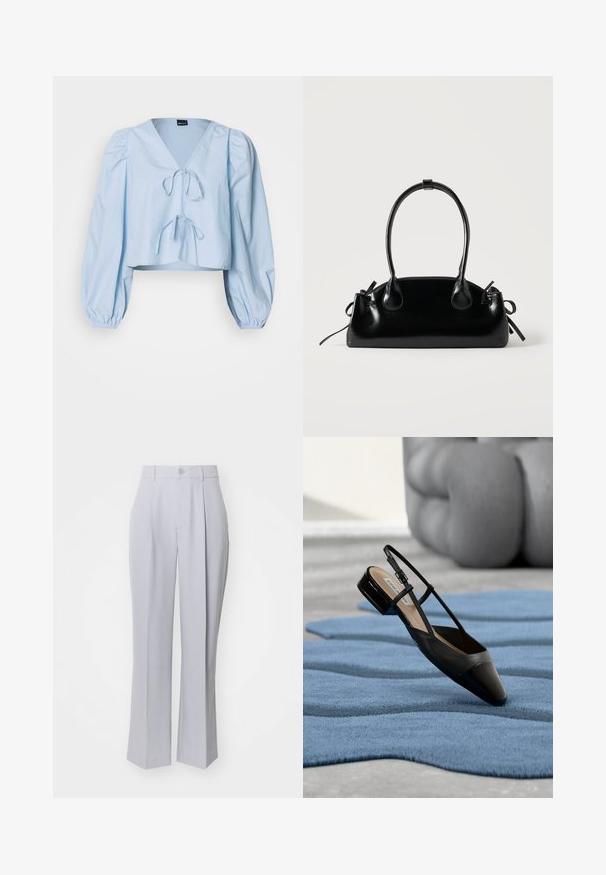 Hellblaues, kurz geschnittenes Blusenshirt mit V-Ausschnitt, Bindeschluss und Puffärmeln. Hergestellt aus glattem Stoff mit elastischen Bündchen.; Helle graue maßgeschneiderte Hose mit geradem Bein Design, ausgestattet mit einem einzelnen vorderen Bundfalten, Knopfverschluss und einer glatten, gewebten Textur.; Schwarzer Slingback-Schuh aus Lackleder mit niedrigem Blockabsatz, der auf einem strukturierten blauen wellenförmigen Teppich und grauen gepolsterten Möbeln ruht.; Kleine schwarze glänzende Handtasche mit zwei langen Griffen und seitlichen Kordelzug-Details vor einfachem hellem Hintergrund.