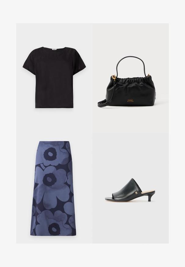 Zwarte korte mouw top met een relaxte pasvorm, ronde hals, gladde textuur en een eenvoudig, minimalistisch ontwerp. Geen zichtbare patronen of accenten.; Midi-jurk met bloemenprint met grote donkerblauwe bloemen op een lichterblauwe achtergrond; de stof lijkt glad met een licht glanzende textuur.; Zwarte leren open teen muiltjes met een lage hak. Heeft een glad oppervlak en een gouden logo accent aan de zijkant.; Zwarte leren handtas met een verzamelde bovenkant, een korte handgreep en een verwijderbare schouderriem. Voorzien van een gouden logo-accent en een gladde textuur.
