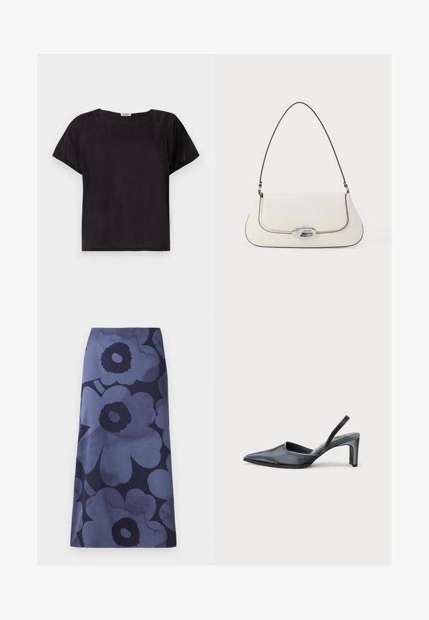 Top negro de manga corta con un corte relajado, escote redondeado, textura suave y un diseño simple y minimalista. Sin patrones ni acentos visibles.; Falda midi con estampado floral que presenta grandes flores azul oscuro sobre un fondo azul más claro; la tela parece suave con una textura ligeramente brillante.; Tacón destalonado negro con punta puntiaguda, acabado de satén elegante y tacón delgado de 3 pulgadas. Diseño lateral abierto con detalle mínimo de costuras.; Bolso de cuero blanco con un diseño curvado, costuras negras en contraste y un cierre de metal plateado que presenta el logo de Calvin Klein.