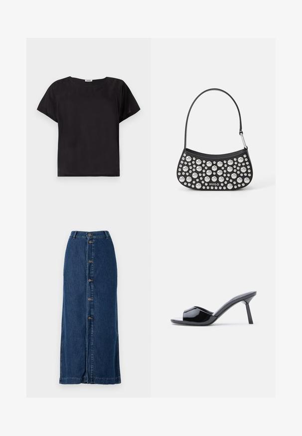Schwarzes Kurzarmoberteil mit lockerer Passform, Rundhalsausschnitt, glatter Textur und einem einfachen, minimalistischen Design. Keine sichtbaren Muster oder Akzente.; Dunkelblaue Denim-Maxiröcke mit einer Knopfleiste vorne und seitlichen Schlitzen, gerader Silhouette und gesticktem Saum.; Schwarze Sandalen mit Absatz aus Lackleder, offenem Zehenbereich, mit geschwungenem Obermaterial und spitz zulaufendem Stilettoabsatz. Glatte, glänzende Oberfläche.; Schwarze Lederhandtasche mit geschwungener Form, verziert mit silbernen Nieten in verschiedenen Größen und einem kurzen Tragegurt. "HUGO"-Logo auf der Vorderseite aufgedruckt.
