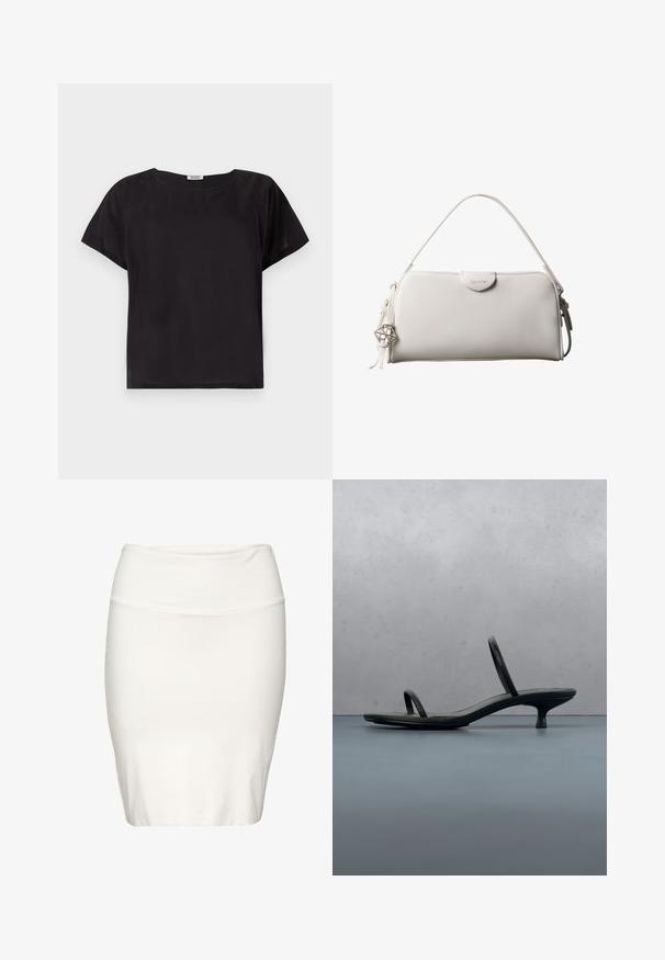 Sort t-shirt med korte ærmer, afslappet pasform, rund halsudskæring, glat tekstur og et enkelt, minimalistisk design. Ingen synlige mønstre eller dekorationer.; Hvid knælang blyantskørt lavet af blødt, elastisk stof. Har et tætsiddende design med et glat taljebånd og minimale sømme.; Sort Calvin Klein sandal med hæl og tynde stropper, balancerende på træfliser udendørs nær en væg og grønne planter.; Hvid rektangulær Calvin Klein håndtaske med enkelt håndtag, minimalistisk design og dekorative kvaster med geometrisk metalvedhæng på siden.