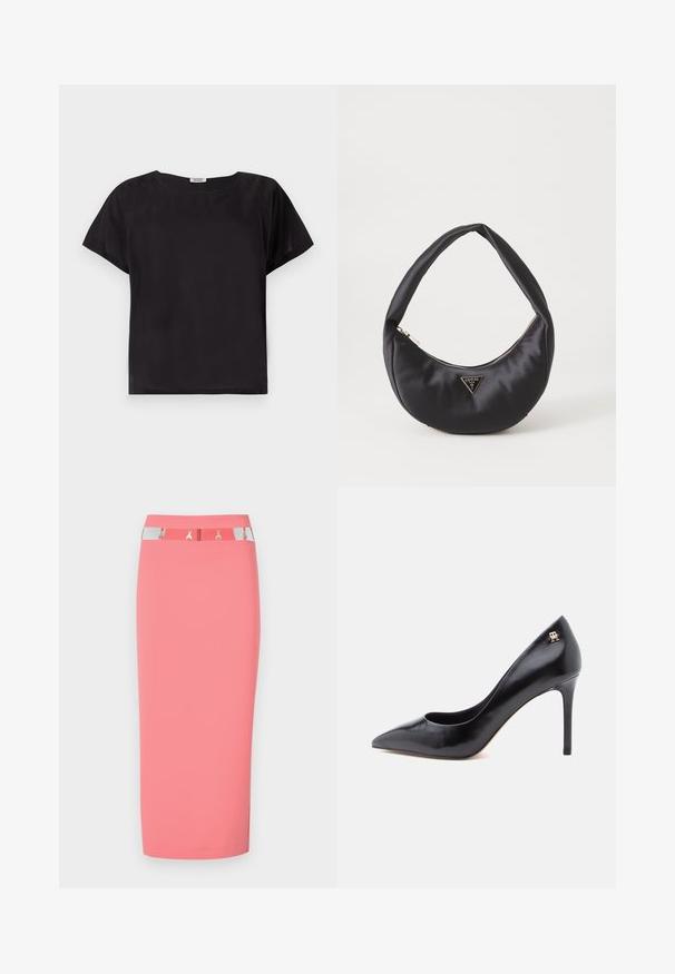 Top negro de manga corta con un corte relajado, escote redondeado, textura suave y un diseño simple y minimalista. Sin patrones ni acentos visibles.; Falda lápiz rosa hecha de tela elástica, con una cinturilla plateada y negra con acentos metálicos y un diseño elegante y ajustado.; Zapato de tacón alto de cuero negro con punta puntiaguda, con un diseño recortado y un pequeño detalle de logo dorado en el talón.; Bolso de satén negro con forma curva, que cuenta con un cierre de cremallera y un logo triangular en metal en la parte delantera. Textura suave y diseño elegante.