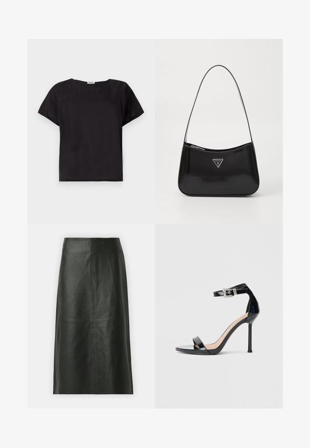 Zwarte korte mouw top met een relaxte pasvorm, ronde hals, gladde textuur en een eenvoudig, minimalistisch ontwerp. Geen zichtbare patronen of accenten.; Zwarte leren midi-rok met een rechte snit. Gladde textuur, minimale naden en een nauwsluitende tailleband. Geen zichtbare zakken of extra details.; Zwarte sandalen met hoge hak van lakleer en een enkelriempje. Heeft een minimalistisch ontwerp, open teen en een gesp met strass-steentjes.; Zwarte lakleren schoudertas met een gebogen vorm, voorzien van een zilveren driehoeklogo en een ritssluiting. Gladde textuur en slanke schouderband.