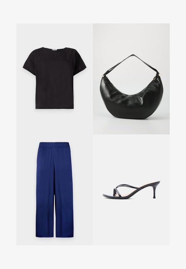 Top negro de manga corta con un corte relajado, escote redondeado, textura suave y un diseño simple y minimalista. Sin patrones ni acentos visibles.; Pantalones de pierna ancha en azul marino con una cintura elástica, fabricados en tela suave, que presentan un diseño simple y funcional sin patrones visibles.; Sandalia de tacón de charol negro con tiras finas cruzadas y un tacón de aguja delgado de altura media, sobre un fondo blanco.; Bolso de hombro de cuero negro con una forma curva, textura suave y una sola correa; cuenta con un zipper dorado y un branding sutil.