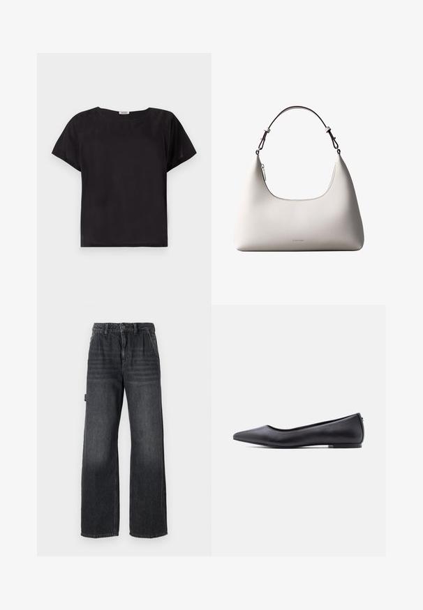Sort t-shirt med korte ærmer, afslappet pasform, rund halsudskæring, glat tekstur og et enkelt, minimalistisk design. Ingen synlige mønstre eller dekorationer.; Bredde bukser i mørkegrå denim med høj talje, forlommer og diskret slidmærker på lårene. Kontrastsyning.; Sort flad lædersko med spidst tåparti og lav hæl, vist i sideprofil mod en hvid baggrund.; Cremefarvet skuldertaske i læder fra Calvin Klein med buet topkant, sølvfarvet lynlås og mørkebrun justerbar rem.