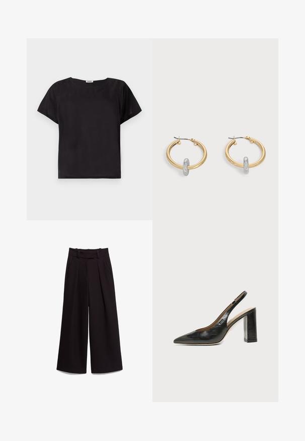 Haut noir à manches courtes avec une coupe décontractée, encolure arrondie, texture lisse et design simple et minimaliste. Pas de motifs ou d'accents visibles.; Pantalon noir à jambes larges avec taille haute, passants pour ceinture, poches latérales et plis à l'avant, présenté à plat sur fond blanc.; Chaussure slingback en cuir noir à bout pointu avec un talon bloc haut et une doublure intérieure beige sur un fond clair uni.; Paire de boucles d'oreilles créoles dorées avec un petit détail boucle ton argent sur chaque, exposées sur fond gris clair.