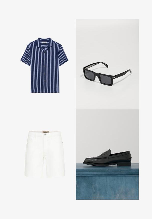 Pier One LINEN MIX SHIRT - Hemd - dark blue/white; Weiße Denim-Shorts mit einem klassischen Fünf-Taschen-Design, Metallknopfverschluss und kontrastierenden Stickdetails. Glatte Textur und gerader Schnitt.; Schwarze Leder-Loafer mit schlankem Design, ausgestattet mit einer abgesteppten Zehe und einer glatten Oberfläche. Der Schuh verfügt über einen flachen Absatz und minimale Verzierungen.; Schwarze rechteckige Sonnenbrille mit dunklen Gläsern, glänzendem Kunststoffrahmen und silbernen Akzenten an den Schläfen, ausgestattet mit einer strukturierten Oberfläche an den Bügeln.