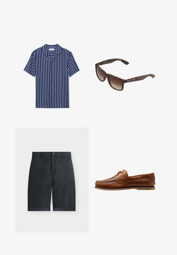 Pier One by Zalando LINEN MIX SHIRT - Camisa - dark blue/white; Pantalones cortos negros hasta la rodilla con dobladillos vuelta, cierre con botón, trabillas para cinturón y diseño frontal plano sobre un fondo blanco liso.; Zapato de barco de cuero marrón con acentos de costura, con ojales de metal, una costura elevada en la puntera y una suela de goma plana.; Gafas de sol de carey con lentes marrones degradados, forma rectangular, montura gruesa y un acento de logo plateado en el lateral.