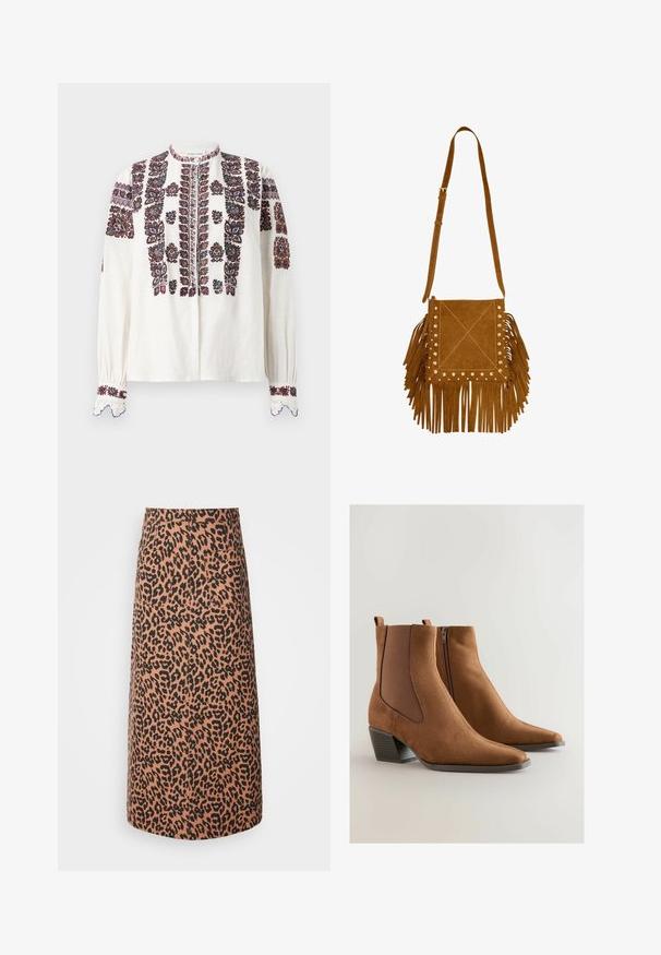 Hvid bluse med detaljeret bordeaux og grøn blomstermønster, høj halsudskæring, knaplukning og ærmer med blondekant.; Leopardmønstret midi-nederdel i beige og sort, med lige snit, to baglommer og en glat tekstur.; Brune ruskind ankelstøvler med spids tå, elastiske sidestykker og en lav stablet hæl. Har en lynlås på den ene side.; Brun ruskind skuldertaske med lange frynser på siderne og bunden, dekoreret med små metalnitter langs de forreste kanter.