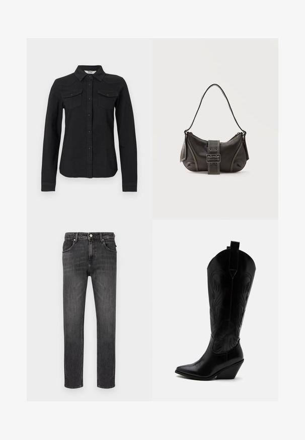 Chemise noire à manches longues avec deux poches à rabat sur la poitrine et un col pointu, coupe cintrée, sur fond blanc.; Jean en denim noir à coupe droite, cinq poches et fermeture à boutons sur le devant. Texture douce avec un léger effet délavé et des coutures contrastées.; Botte de cowboy en cuir noir avec bout pointu, talon bloc incliné, couture décorative et languettes en haut sur fond blanc.; Sac à épaule en cuir noir avec une sangle à boucle, des bords arrondis et des coutures blanches contrastées sur un fond uni.