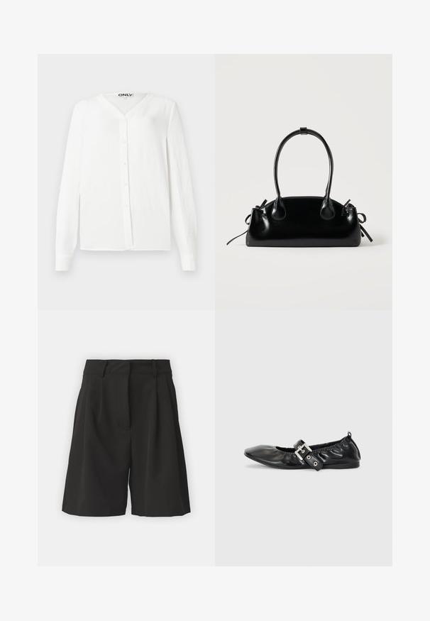 Hvid langærmet skjorte med V-hals, knaplukning foran, tekstureret stof og lige snit. Har seks knapper og standard manchetter.; Sorte shorts med et skræddersyet design, der har læg foran, en bred talje, og en glat overflade. Ingen synlige lommer.; Sorte læder flade sko med spids tå, samling detaljer omkring åbningen, og en sølv spænde accent på den justerbare rem.; Lille sort blank håndtaske med to lange håndtag og snøre-detaljer i siden på en ensfarvet lys baggrund.