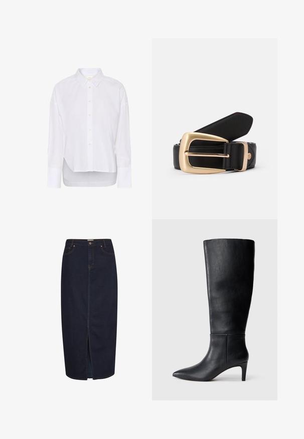 Hvid langærmet skjorte med knapper, spids krave, let længere bageste kant og store manchetter.; Mørk denim maxi-nederdel med en frontslids. Har orange syninger og et klassisk fem-lomme design. Knaplukning i taljen.; Sorte knælange støvler lavet af glat læder, med spids tå og en middels høj hæl, med et enkelt og stilrent design.; Sort læderbælte med en gylden rektangulær spænde. Bæltet har en glat overflade og en subtil syning langs kanterne.