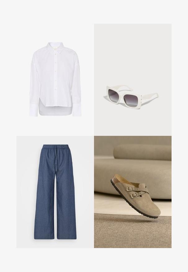 Wit overhemd met lange mouwen, knoopsluiting, puntige kraag, iets langere achterkant en grote manchetten.; Lichte blauwe en witte gestreepte wijde broek met een drawstring taille en elastische band, gemaakt van een zachte stof en met een relaxte pasvorm.; Beige suède instapschoen met twee verstelbare zilveren gespen en een zwarte zool op een gestructureerd beige tapijt.; Witte oversized zonnebril met een vierkant frame en geleidelens. Heeft gewelfde zijaccenten en een gladde, glanzende afwerking.