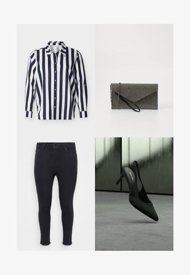 Overhemd met lange mouwen en knopen, met verticale marineblauwe en witte strepen en een puntige kraag, afgebeeld tegen een effen achtergrond.; Zwarte skinny jeans van denim, met een rafelige zoom bij de enkel, twee voorzakken en een met knopen gesloten taille.; Zwarte slingback hoge hak met spitse neus en enkelriempje, merk "ANNA FIELD", licht zwevend boven een grijs oppervlak.; Metaalgrijze clutch met een gemetalliseerd meshpatroon, envelopontwerp, kettingschouderband en een slanke, dunne polsband.