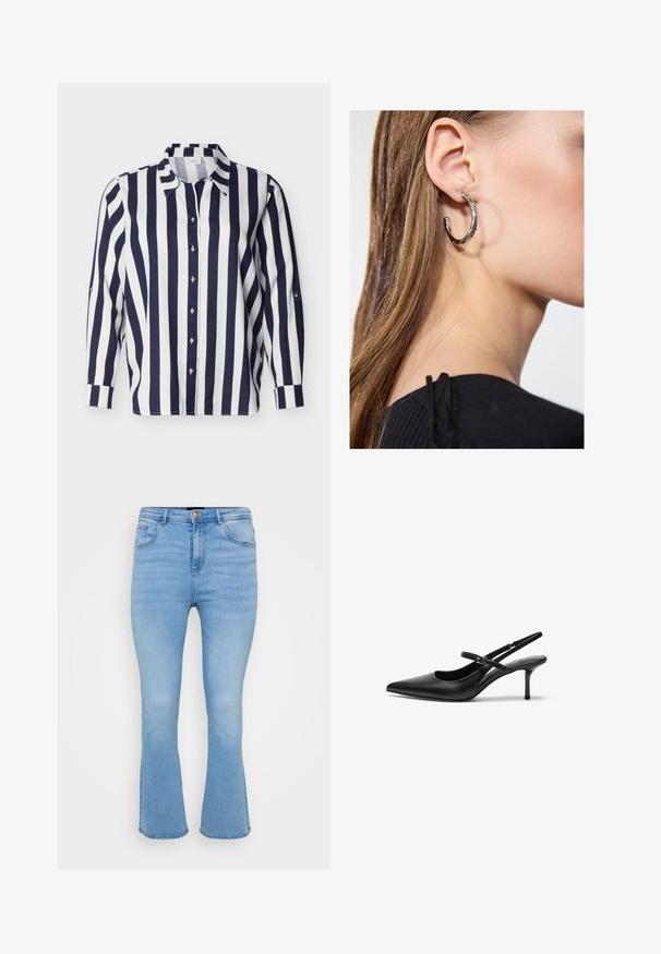 Langärmliges Hemd mit Knopfleiste, vertikal gestreift in Marineblau und Weiß, mit spitzem Kragen, vor einfarbigem Hintergrund dargestellt.; Helle, blaue, aus Baumwoll-Denim gefertigte Schlagjeans. Sie verfügen über eine hohe Taille, fünf Taschen und sichtbare Nähte entlang der Nähte und am Saum.; Schwarze Leder Slingback-Absätze mit einer spitzen Zehenform, schmalem verstellbarem Riemen und einem etwa 5 cm hohen Stiletto-Absatz, glatte Textur.; Silberne Creolen mit polierter Oberfläche, die kleine goldene Akzentdetails und eine runde Form aufweisen, am Ohrläppchen getragen.