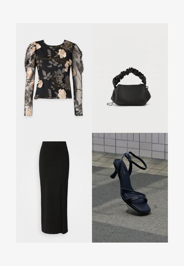 Blouse noire transparente à manches longues avec manches bouffantes et broderies florales beige et grises sur toute la surface.; Jupe noire, de longueur genou, fabriquée en tissu doux et extensible. Elle possède une taille ajustée et une fente sur le côté pour faciliter les mouvements.; Sandale noire à talon haut avec lanières et boucle à la cheville, flottant au-dessus d'un sol gris texturé avec un mur carrelé en arrière-plan.; Sac à main noir de forme arrondie, fabriqué en matériau lisse. Doté d'une poignée douce et froncée ainsi que d'une bandoulière en chaîne métallique pour plus de polyvalence.
