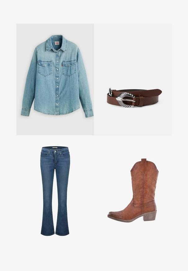 Hellblaues Denimhemd mit klassischem Kragen, vorderer Knopfleiste, zwei Brusttaschen und geknöpften Manschetten sowie einem leicht geschwungenen Saum.; Blaue Jeans im Flared-Stil mit mittelhoher Taille, ausgestattet mit Ziernähten, zwei vorderen Taschen und einer hinteren Paspeltasche.; Brauner Leder-Cowboystiefel mit dekorativer Naht, spitzer Zehenpartie und niedrigem Blockabsatz. Der Schaft ist leicht schlaff gestaltet.; Brauner LederGürtel mit einer breiten, strukturierten silbernen Schnalle. Der Gürtel hat eine glatte Oberfläche und verfügt über mehrere Einstelllöcher.