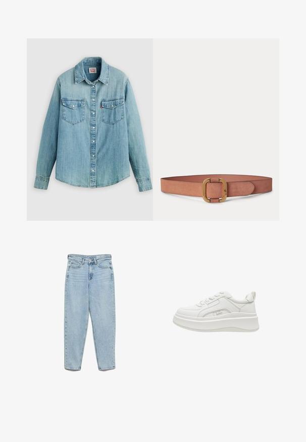 Lichtblauw denim overhemd met een klassieke kraag, knoopsluiting aan de voorkant, twee borstzakken en knoopmanchetten met een licht afgeronde zoom.; Lichtblauwe, hoogwater spijkerbroek met hoge taille, voorzakken, riemlussen, knoopsluiting en taps toelopende pijpen op een witte achtergrond.; Witte platform sneaker met dikke zool, veters aan de voorkant, trek lusje aan de hiel en een merklabel op het zijpaneel, zijaanzicht tegen een witte achtergrond.; Brede lichtbruine suède riem met een grote vierkante gouden gesp en afgeronde randen, plat liggend op een witte achtergrond.