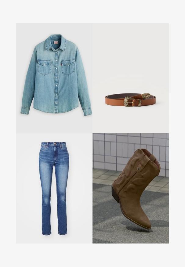 Lyseblå denimskjorte med klassisk krave, knaplukning foran, to brystlommer og manchetter med knap samt en let buet kant forneden.; Blå denimjeans med lige pasform, høj talje og subtil bleget effekt. Har knaplukning og klassisk fem-lomme design. Teksturen er glat.; Brun ruskind cowboystøvle med dekorative syninger og en stakket hæl, placeret oprejst på et udendørs flisebelægning.; Brunt læderbælte snoet sammen med udsmykket antikt guldfarvet spænde, løkke og spids med blomster- og geometriske indgraveringer, på hvid baggrund.