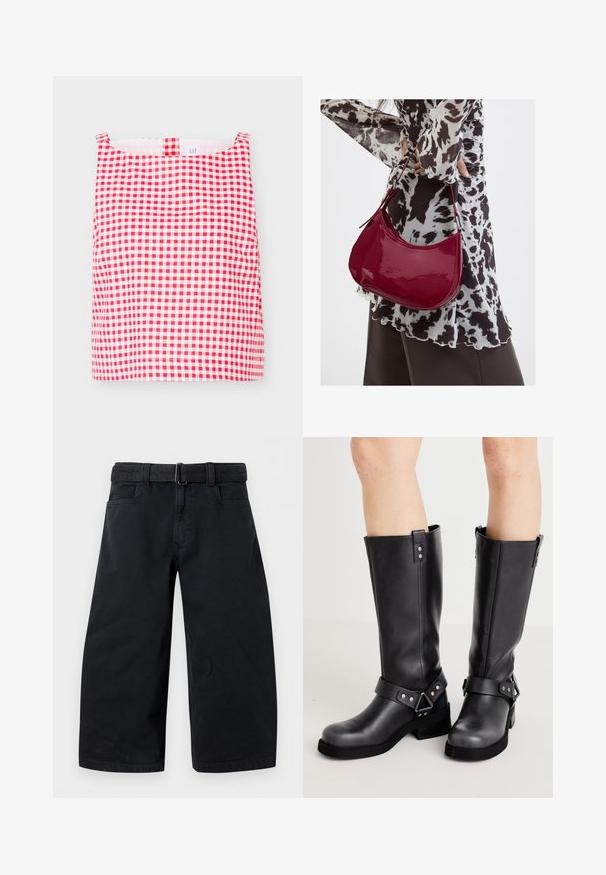 Rotes und weißes kariertes ärmelloses Top mit quadratischem Ausschnitt und kleinem Stoffring vorne in der Mitte.; Schwarze, weit geschnittene, verkürzte Hose mit Gürtelschlaufen und vorderen Taschen auf einfarbigem Hintergrund.; Schwarze Lederstiefel bis zum Knie mit weiter Schaftweite, Riemenverzierungen, silbernen Beschlägen und flacher Sohle. Glatte Textur mit leichtem Glanz.; Frau trägt eine schwarz-weiß gemusterte Bluse und hält eine glänzende rote Schultertasche vor einem einfarbigen Hintergrund.