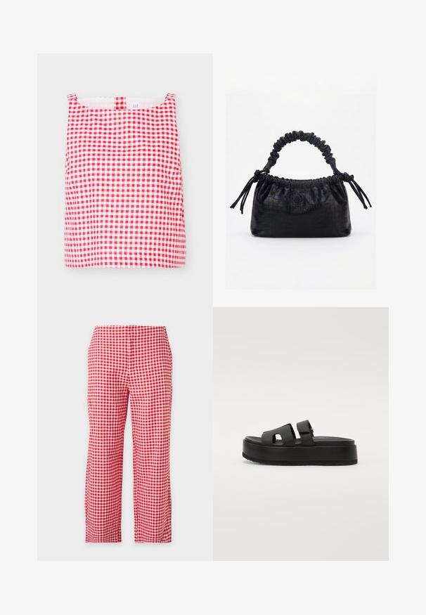 Haut sans manches à motifs vichy rouges et blancs avec encolure carrée et petite boucle en tissu au centre devant.; Pantalon droit à carreaux vichy rouge et blanc, pleine longueur, vu de face sur fond uni clair. Pas de poches ni de boutons visibles.; Sandales à plateforme noires avec deux larges brides, en matériau lisse. Présentent une semelle épaisse avec un dessous texturé pour l'adhérence.; Sac à main noir avec texture crocodile, bord supérieur froncé, poignée plissée et pompons à cordon de chaque côté sur fond blanc.