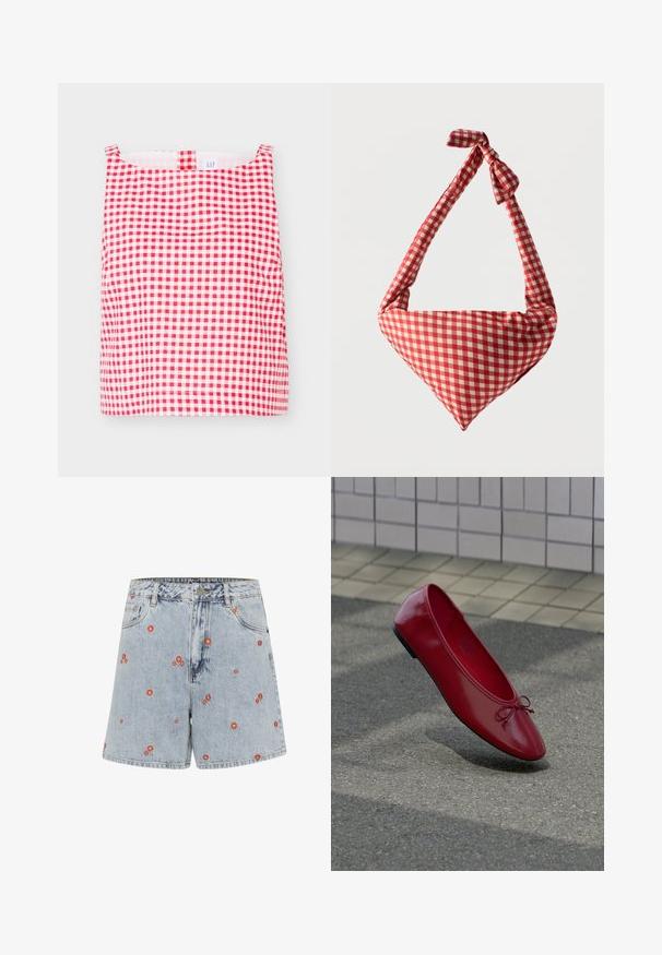 Haut sans manches à motifs vichy rouges et blancs avec encolure carrée et petite boucle en tissu au centre devant.; Shorts en denim bleu clair avec des broderies florales rouges. Présentent une taille haute, des poches avant et une coupe droite.; Ballerine en cuir rouge avec un petit nœud sur un pavé texturé près d'un mur carrelé, projetant une ombre en dessous.; Sac d'épaule en tissu doux à motif à carreaux rouges et blancs, poignée nouée et forme triangulaire sur un fond uni.