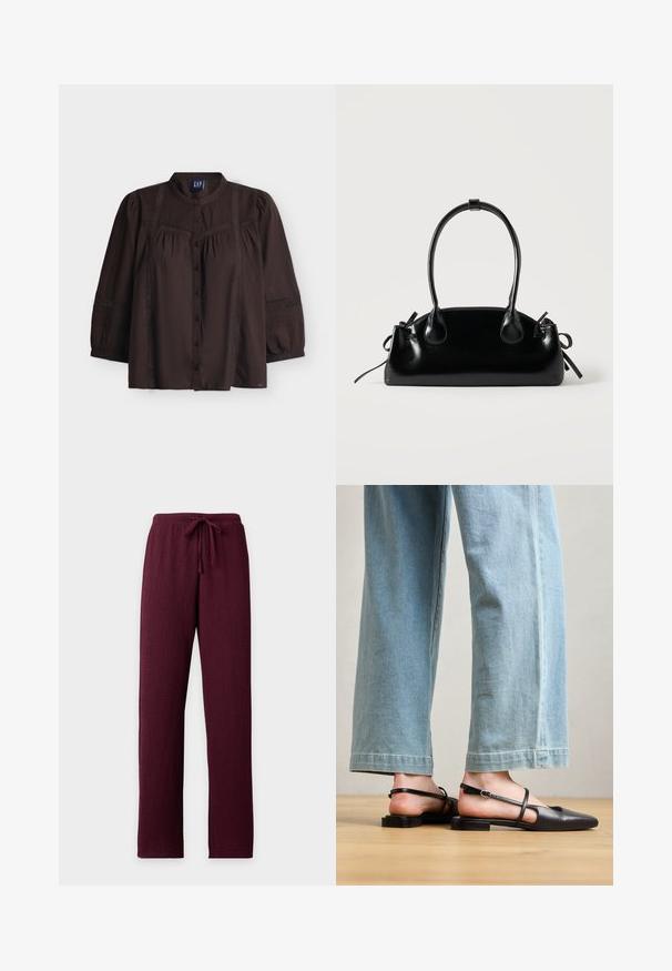 Blusa marrón oscuro de manga larga con botones en la parte delantera, ligero fruncido, paneles verticales de encaje y cuello redondo de GAP sobre un fondo blanco.; Pantalones granate con textura, piernas rectas y cintura elástica con cordón a juego.; Zapatos slingback de cuero negro con punta afilada, tacón plano y tira en el tobillo; llevados con jeans de pierna ancha en azul claro.; Pequeño bolso negro brillante con dos asas largas y detalles de cordón lateral sobre un fondo claro liso.